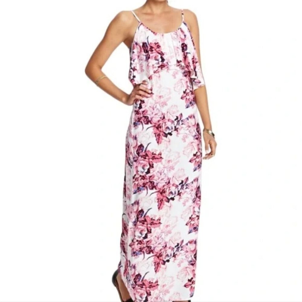 Forever 21 Pink/White Floral Maxi Dress w Ruffle Detail, Size S
